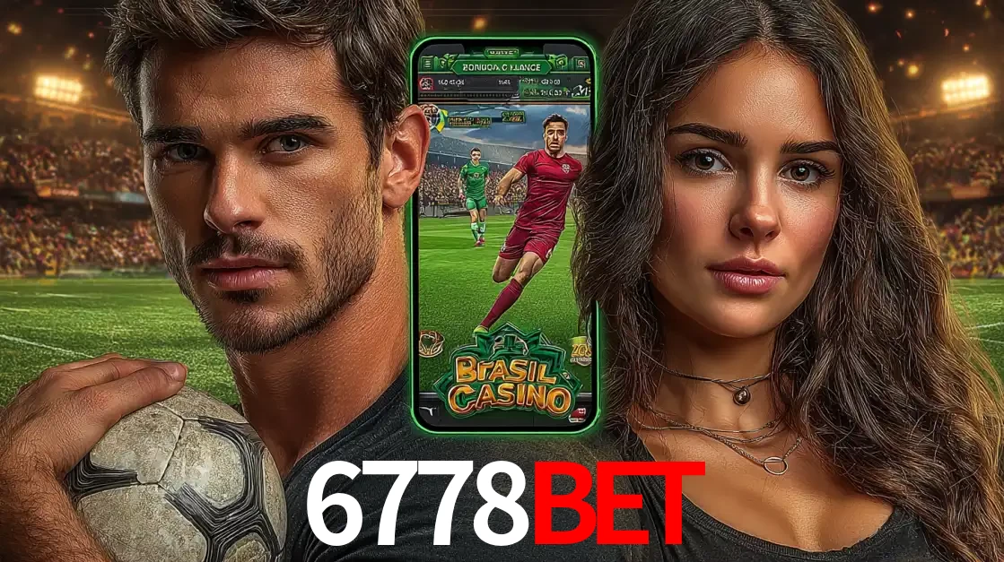 Homem segurando uma bola de futebol e uma mulher ao lado de um smartphone exibindo o jogo de apostas esportivas da 6778bet. Faça seu palpite no cassino online.
